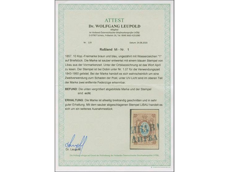 LIBAU (Latvia): 10 kopeck brown &amp; blue, large margins, tied by blue straight line handstamp to piece. Very fine and uniqu