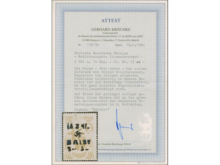 1942, Hakenkreuz 4mm: 5 Rbl. auf 10 K. lilarosa, postfrisch, tadellos, eine außerordentlich seltene Marke, sign. EKeiler sowi