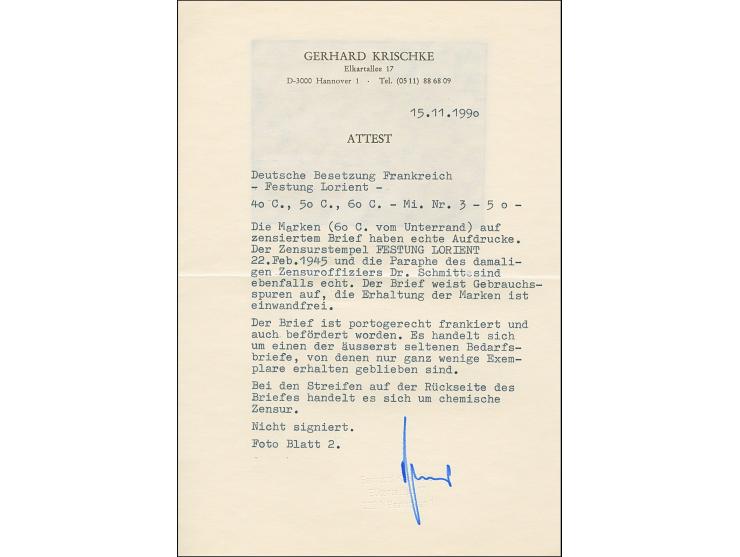 Merkurkopf 40-50C. sowie Pétain 60C., letzter Wert als Unterrandstück, sauber mit Stempel "FESTUNG LORIENT ZENSUR 22. Feb. 19