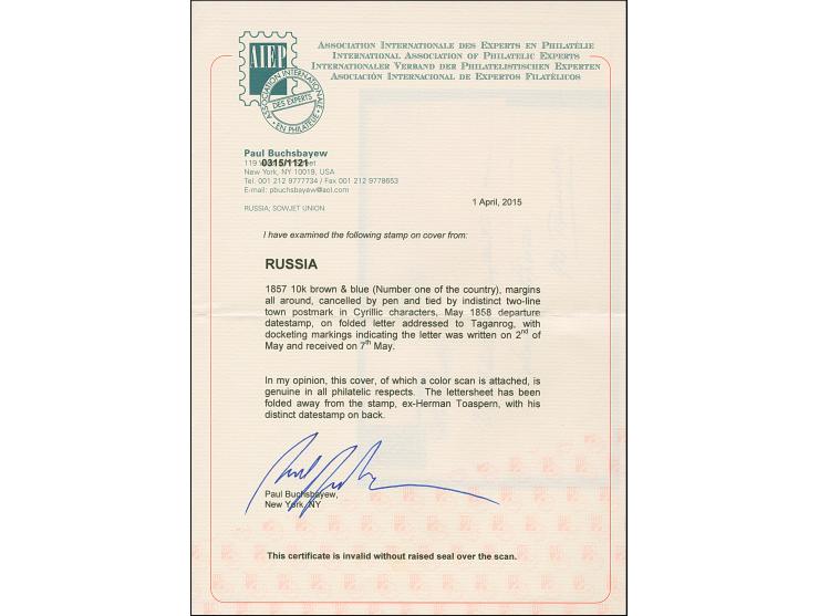 KERCH ENIKOL (Ukraine): 10 kopeck brown &amp; blue, clear to large margins, tied by pre-philatelic double line of May 2, 1858