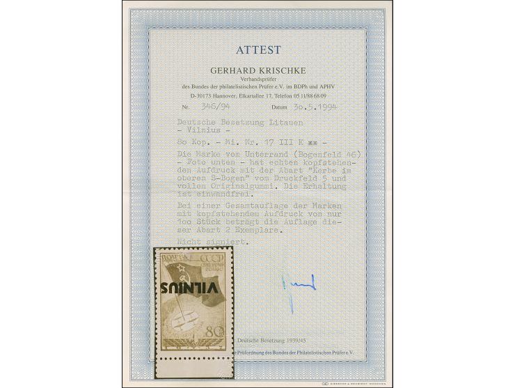 Nordpol 80K., Unterrandstück mit kopfstehendem Aufdruck mit Aufdruckfehler “Kerbe im oberen Bogen des S von VILNIUS”, postfri