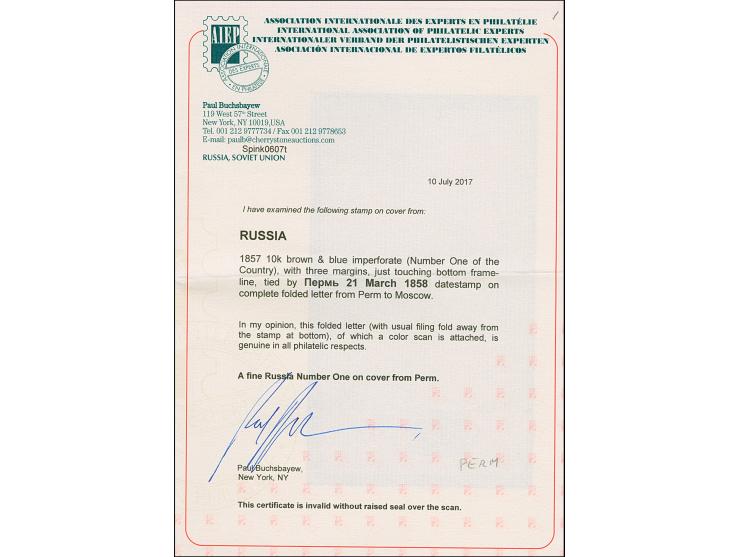 PERM: 10 kopeck brown &amp; blue, slightly touched at lower left, otherwise good even margins, tied by clear strike of pre-ph