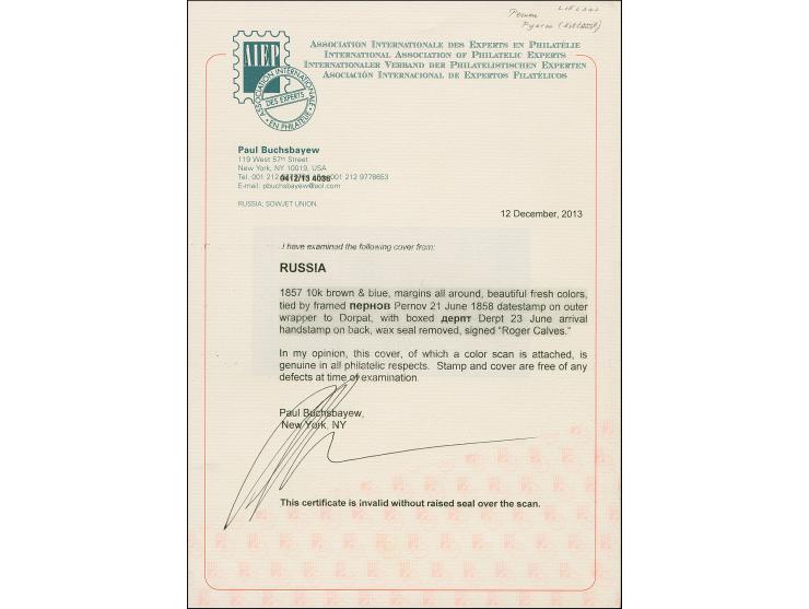 PERNAU (Estonia): 10 kopeck brown and blue, good to large margins, tied by clear boxed "PERNOV 20 MAI 1858" to lettersheet (2