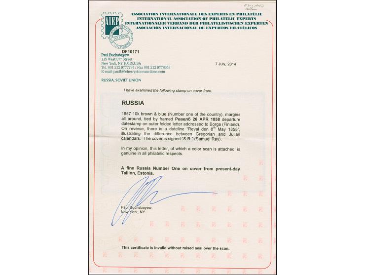 REVAL (Estonia): 10 kopeck brown &amp; blue, nice large even margins, tied by boxed pre-philatelic "REVAL 26 APR. 1858" to le