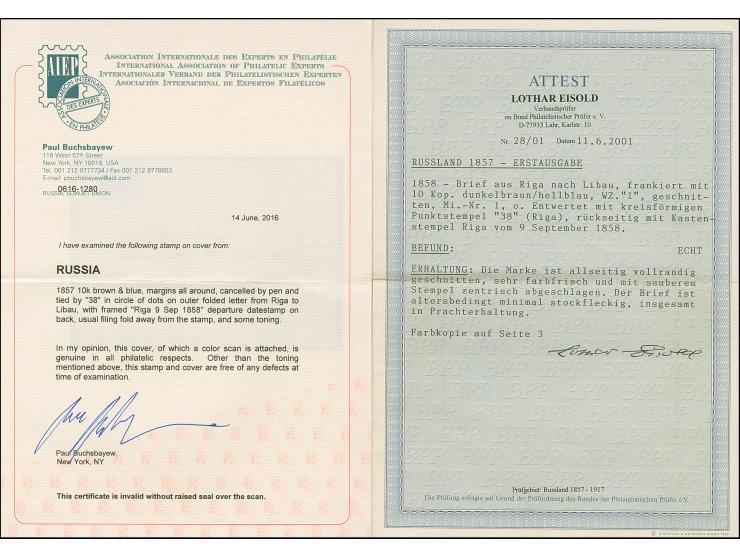 RIGA (Latvia): 10 kopeck brown and blue, good to large margins, tied by clear dotted numeral "38" to letter sheet to Libau wi