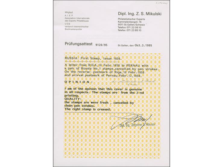 RIGA (Latvia): 10 kopeck brown and blue, horizontal pair with good to large margins, tied by pen crosses to letter sheet to P