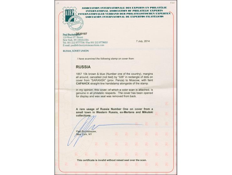 SARANSK: 10 kopeck brown &amp; blue, good to large even margins, with central dotted rectangular "326" and adjacent dry strik