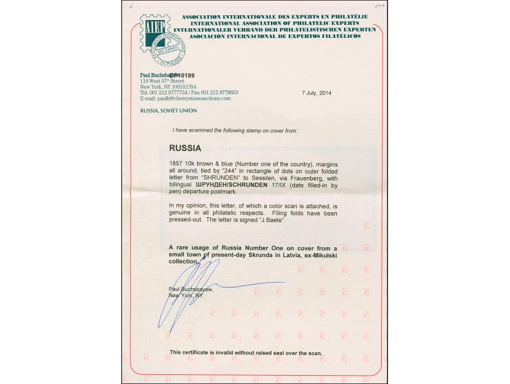 SCHRUNDEN (Latvia): 10 kopeck brown &amp; blue, good to large margins, tied by dotted rectangular "244", with adjacent pre-ph