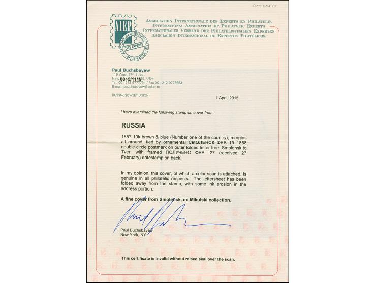 SMOLENSK: 10 kopeck brown &amp; blue, ample to large &nbsp;margins, tied by large fancy double circle "SMOLENSK FEB.19 1858" 