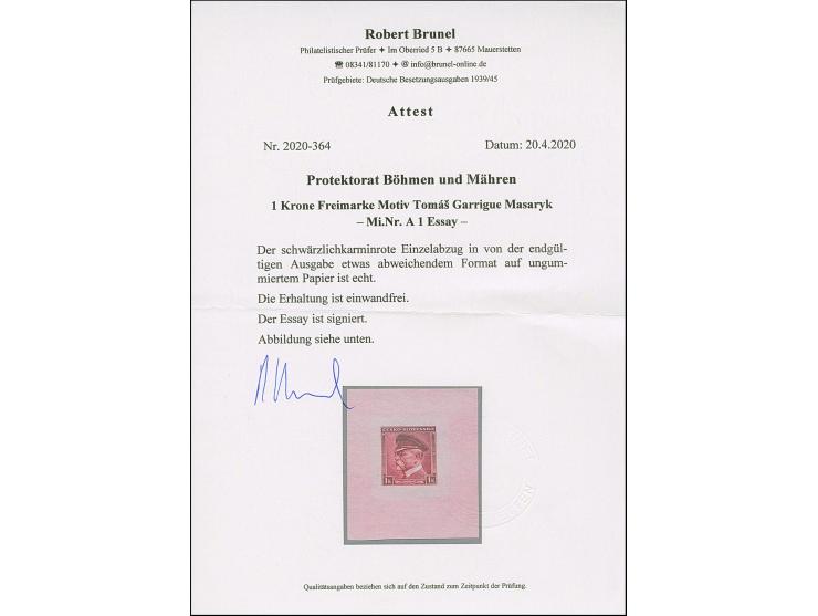 1939, Masaryk 1 K. schwärzlichkarminrot, Einzelabzug vom Urstöckel auf ungummiertem Papier (44x51mm), tadellos, sign. Karasek