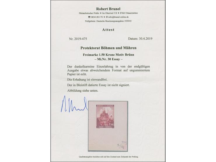 1939, Landesmuseum und Turm Brünn 1,50K., dunkelkarmin, Einzelabzug in von der endgültigen Ausgabe etwas abweichendem Format 