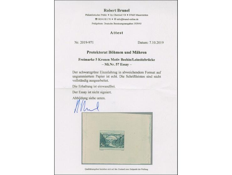 1940, Lainsitz-Brücke mit Bechin im Hintergrund 5K. schwarzgrün, Einzelabzug in abweichendem Format, die Schriftleisten sind 