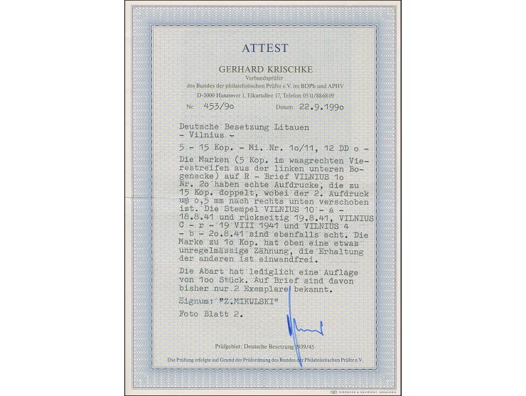 1941, Arbeiter 15 K. mit doppeltem Aufdruck, mit Zufrankatur 5 K. waagerechtem Viererstreifen aus der linken unteren Bogeneck