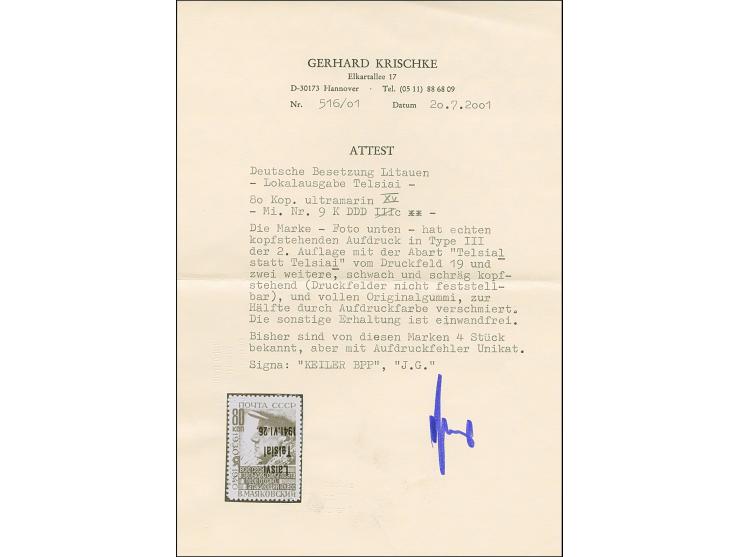 1941, Sondermarken, 2. Auflage: Majakowski 80 K. ultramarin, mit kopfstehendem Aufdruck in Type IIIb, zusätzlich sind drei we