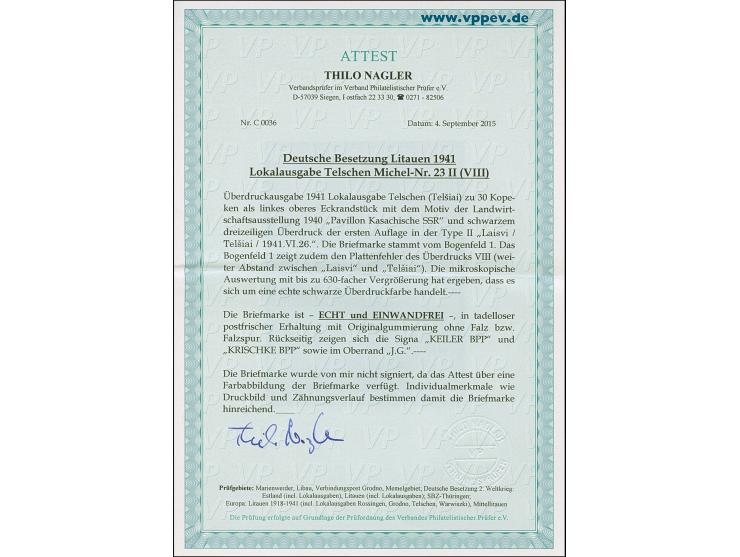 1941, Kasachische SSR 30 K. aus der linken oberen Bogenecke mit Aufdruckfehler "weiter Abstand zwischen Laisvi und Telsiai", 