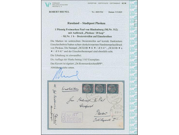 1941, 20 K. auf 1 Pfg., roter Handstempelaufdruck, senkrechter Dreierstreifen mit Stempel “PSKOV -8.9.41” auf Orts-R-Brief, t