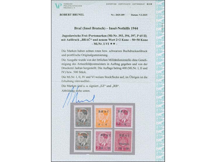 1944, Insel-Nothilfe 2-50 K., postfrisch, teils etwas stockig, sonst tadellos, teils sign. sowie Fotoattest Brunel (2025)