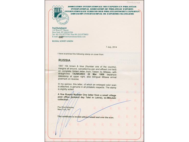 TALSEN (LATVIA): 10 kopeck brown &amp; blue, clear to large &nbsp;margins, tied by pen cross to small entire letter (dated in