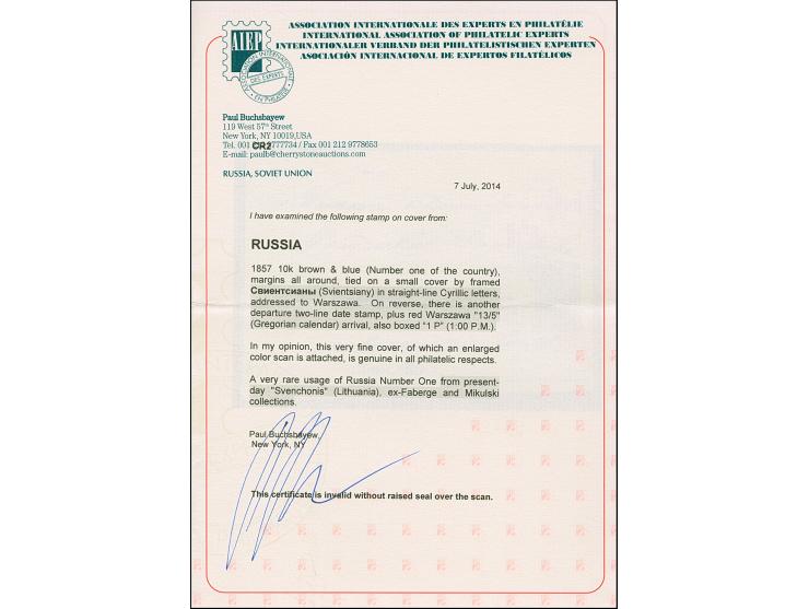 SVENTSIANY (LITHUANIA): 10 kopeck brown &amp; blue, good to large &nbsp;margins, tied by boxed pre-philatelic "SVIENTSIANY" w