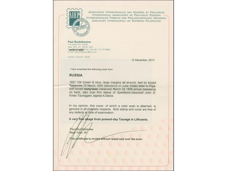 TAUROGGEN (Lithuania): 10 kopeck brown &amp; blue, large margins, tied by boxed &nbsp;"TAUROGEN 28 MAR 1858" to lettersheet w