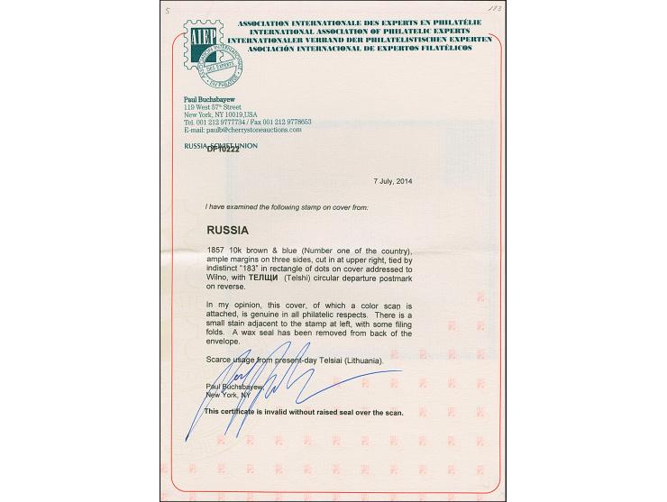 TELSHI (Lithuania): 10 kopeck brown &amp; blue, slightly touched at upper right, otherwise good to large margins, tied by dot