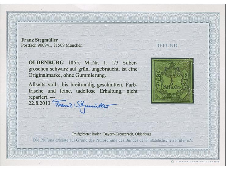 1852, ⅓ Sgr. auf grün, farbfrisch und allseits voll- bis breitrandig, ungebraucht ohne Gummi, in tadelloser Erhaltung, Fotobe