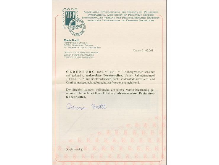 ⅓ Sgr. auf grün im senkrechten Dreierstreifen &nbsp;je mit klarem blauem Rahmenstempel “LOHNE 3.1.” auf Briefvorderseite nach