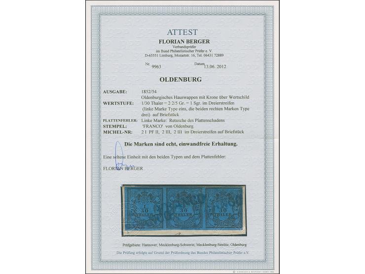 1/30 Th. auf blau, in Type I mit Plattenfehler “Retusche des Plattenschaden” im waagerechten Dreierstreifen mit zwei Marken i