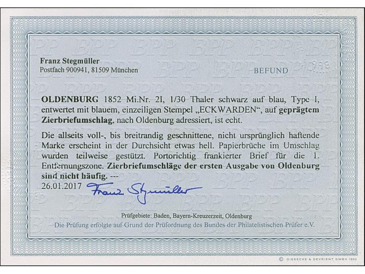 “ECKWARDEN” blauer L1 auf 1/30 Th. auf blau, auf geprägtem Zierbriefumschlag mit zweitem Abschlag rechts oben nach Oldenburg,
