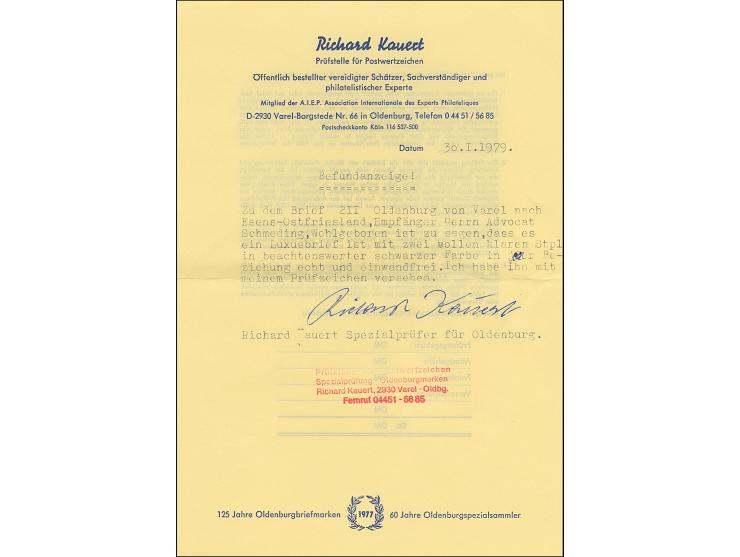 “VAREL 10.12.(52)” Rahmenstempel in schwarz auf allseits voll- bis breitrandiger 1/30 Sgr. auf blau in Type II auf komplettem