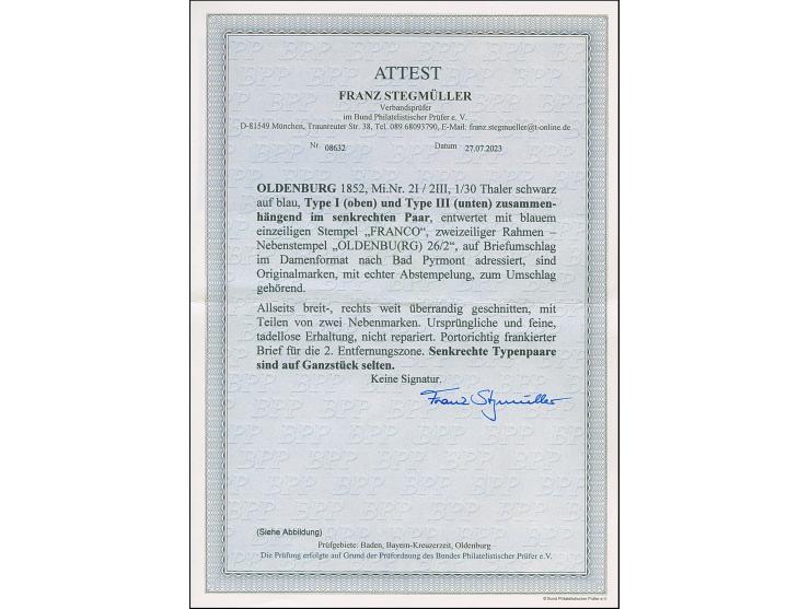 1/30 Th. auf blau, Type I und III (unten) im senkrechten Paar mit blauem L1 “FRANCO” auf Briefkuvert im Damenformat der 2. En