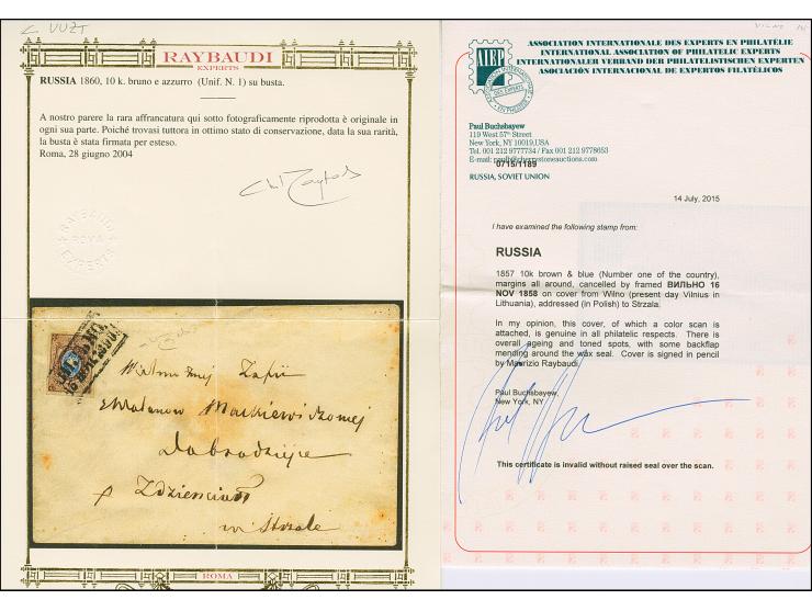 WILNO (Lithuania): 10 kopeck brown &amp; blue, large margins, tied by boxed "WILNO 16 NOV.1858" to envelope to Strzala. Some 
