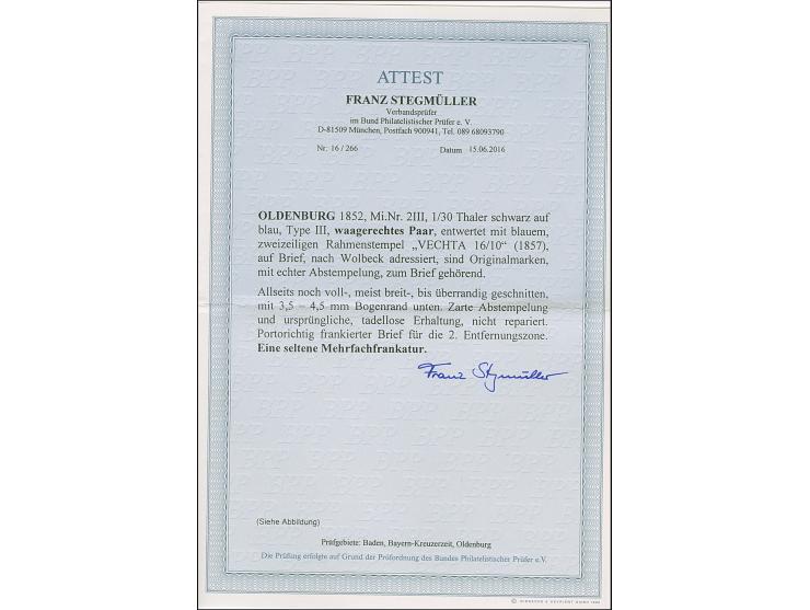 1/30 Th. auf blau in Type III im waagerechten Paar mit 3,5-4,5 mm Bogenrand unten, mit blauem Rahmenstempel “VECHTA 16.10.(57