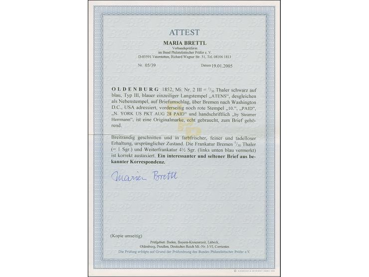 “ATENS”, blauer L1 auf allseits voll- bis breitrandiger 1/30 Th. auf blau, Type III auf Briefhülle mit weiterem Abschlag des 