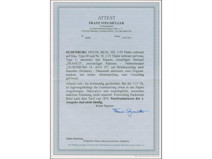 1/30 Th. auf blau, Type III und 1/15 Th. auf rosa in Type I, jeweils voll- bis breitrandig mit blauem L1 “FRANCO” als tarifge