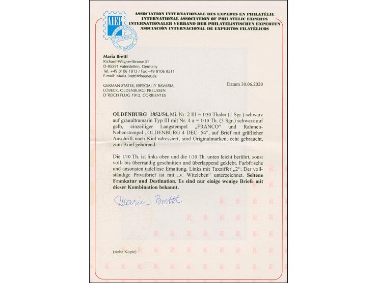 1/30 Th. auf blau, Type III und 1/10 Th. auf gelb, mit blauem L1 “FRANCO" auf komplettem Faltbrief mit blauem Rahmenstempel “