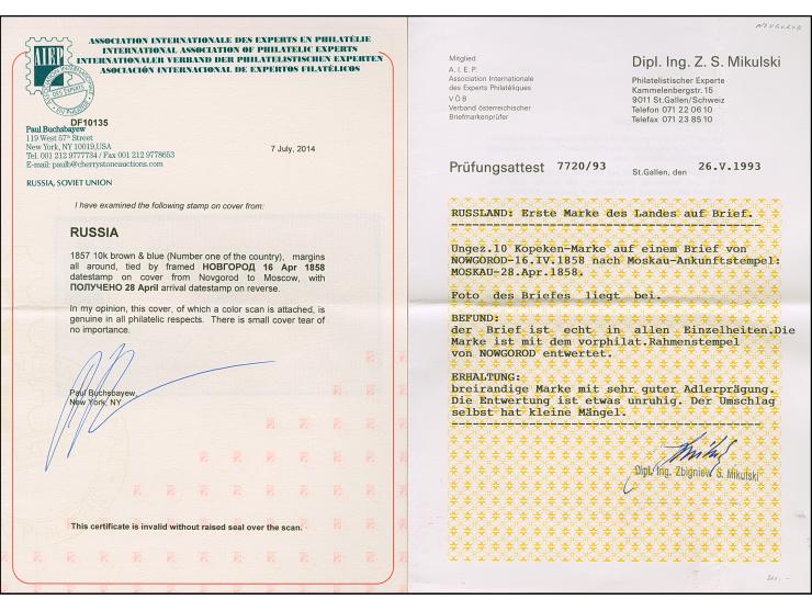 NOVGOROD: 10 kopeck brown &amp; blue, good to large &nbsp;margins, tied by boxed pre-philatelic "NOVGOROD 16 APR"(1858) to en