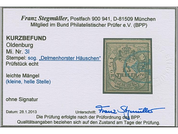 “Delmenhorster Häuschen” klar und fast kompletter Ovalstempel auf loser Marke 1/15 Th. auf rosa, in Type I. Die farbfrische M