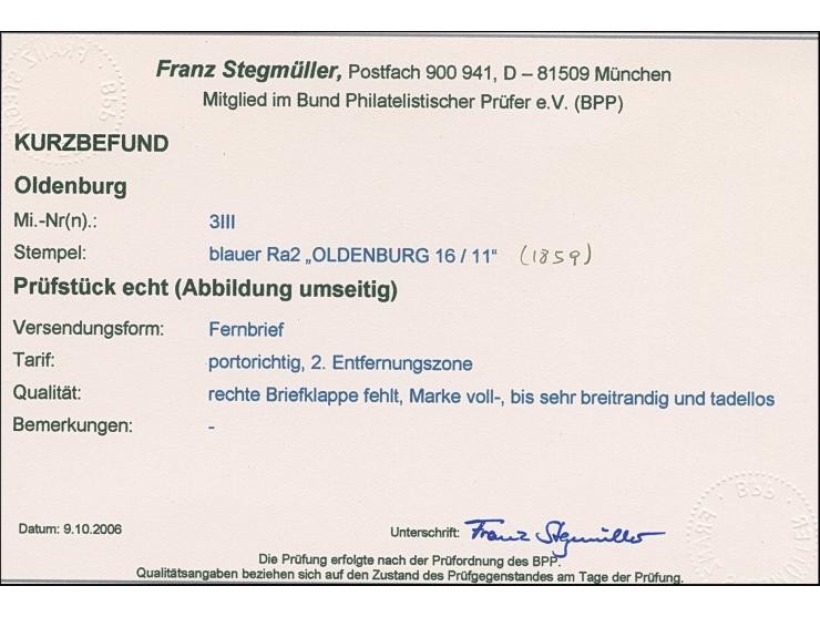 1/15 Th. auf rosa, Type III mit blauem Rahmenstempel “OLDENBURG 16.11” als tarifgerechte Frankatur auf Faltbriefhülle der 2. 