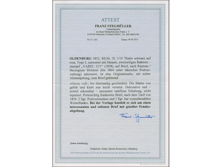 1/15 Th. auf rosa, Type I mit blauem Rahmenstempel “VAREL 15.1.(58)” auf komplettem Faltbrief via Hamburg nach Rantzsau (Herz