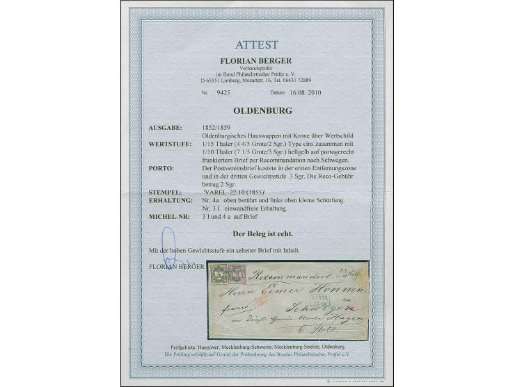 1/15 Th. auf rosa, Type I und 1/10 Th. hellgelb mit blauem Rahmenstempel “VAREL 22.10.(55)” auf komplettem R-Faltbrief der 3.