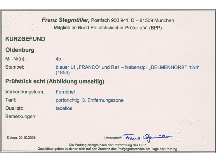 1/10 Th. auf hellolivgelb, farbfrisch und allseits vollrandig mit blauem L1 “FRANCO” auf komplettem Faltbrief mit blauem L3 “