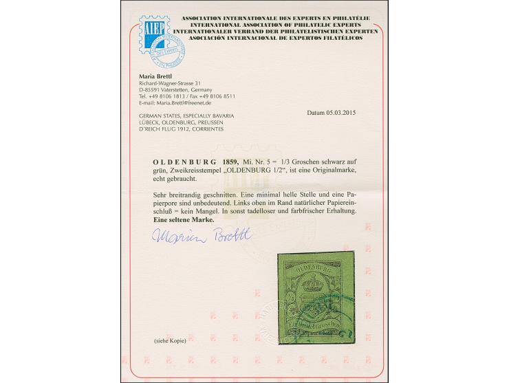 ⅓ Gr. auf grünlicholiv, farbfrisch und allseits breit- bis sehr breitrandig mit blauem DKr. “OLDENBURG 1.2.”. Die farbfrische