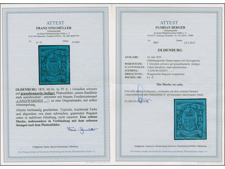 1 Gr. &nbsp;auf indigo, typische leuchtende und farbfrische Marke, allseits breitrandig mit Plattenfehler “untere Randlinie s