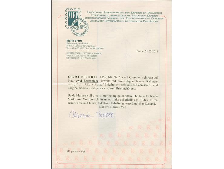 1 Gr. auf lebhaftgraublau, zwei Einzelmarken als Paar geklebt mit blauem Rahmenstempel “VAREL 9.5.” als tarifgerechte Mehrfac