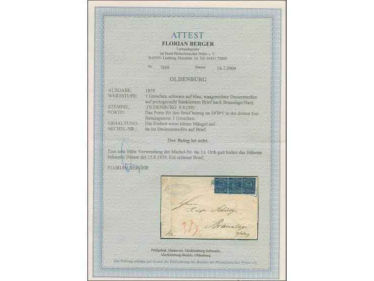 1 Gr. auf lebhaftgraublau im waagerechten Dreierstreifen mit blauem Rahmenstempel “OLDENBURG 9.8.(59)” als tarifgerechte Mehr