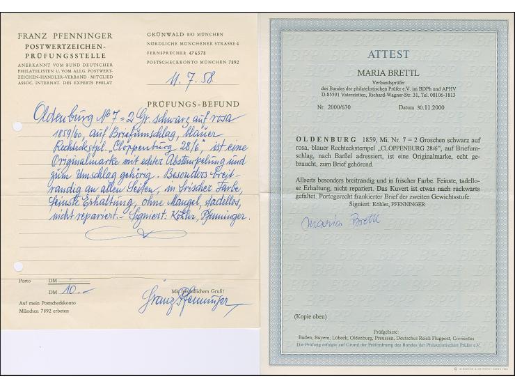 2 Gr. auf mattrötlichkarmin, farbfrisch und allseits besonders breitrandig mit blauem Rahmenstempel “CLOPPENBURG 28.6.” auf B