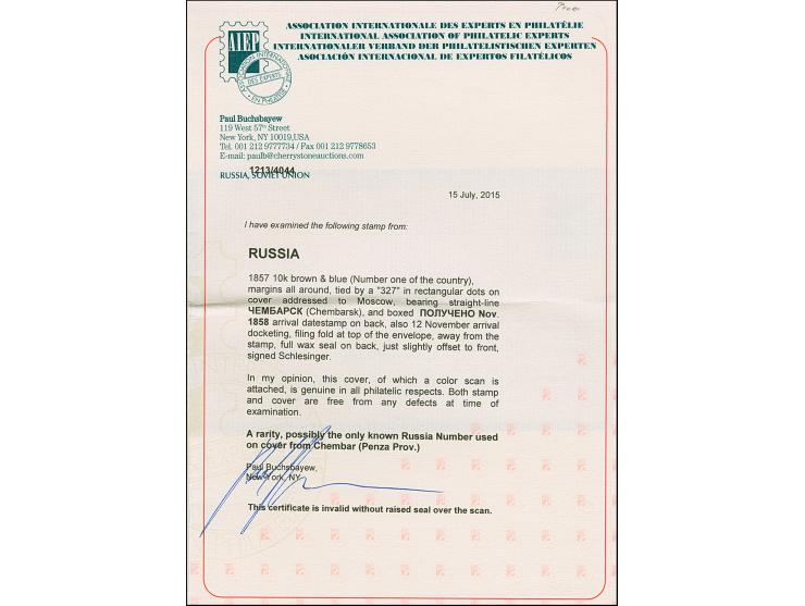 CHEMBAR: 10 kopeck brown &amp; blue, good to large margins, tied dotted rectangular "327" to cover to Moscow, showing on reve