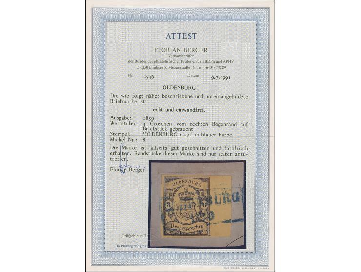 3 Gr. auf gelb, farbfrisch und allseits voll- bis breitrandig mit rechts 8 mm Bogenrand, mit blauem Rahmenstempel “OLDENBURG 