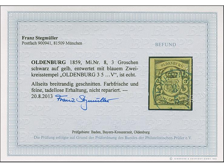 3 Gr. auf gelb, farbfrisch und allseits breitrandig mit blauem DKr. “OLDENBURG 3.5.”, in tadelloser Erhaltung, Fotobefund Ste